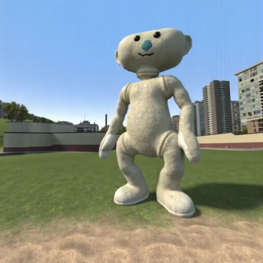 Bear Alpha Bear Plush, it has a light cream color, it's tall, and it has elongated limbs. It has tall legs. full-body. gm_construct, a scene from the video game "Garry's Mod" featuring a virtual urban landscape. The image shows an open area with a mix of grass and sand in the foreground, bordered by modern buildings in the background. The sky is clear and blue, and the environment appears to be part of a digital sandbox setting.