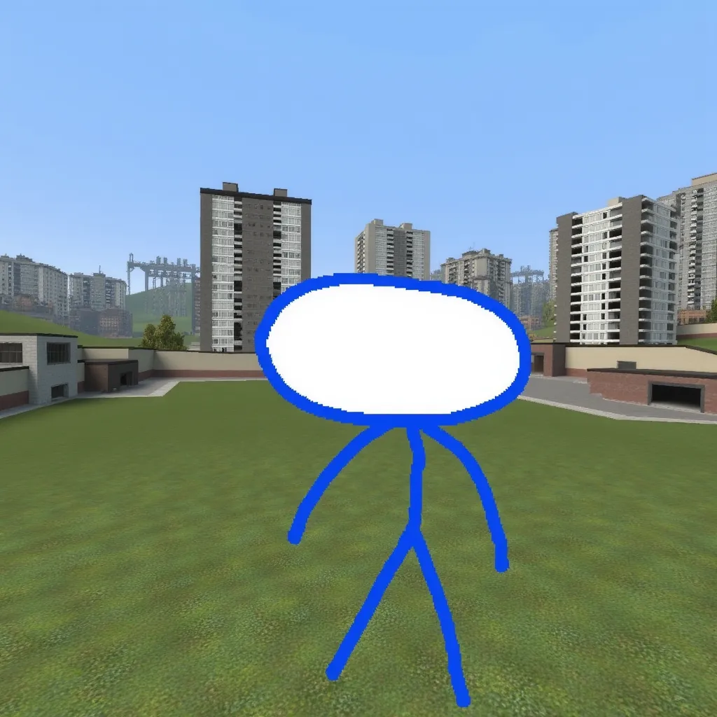 gm_construct , a scene from the video game "Garry's Mod," featuring a virtual cityscape. The image shows multiple high-rise residential buildings surrounded by grassy areas and industrial structures in the background. The sky is clear and blue. Raxdflipnote, which is a simple blue stick figure that has an wide oval-shaped head with no face, no eyes, and no mouth, simple lines for arms, legs with no feet, and it has a torso, all in a simplistic, child-like style. It head is filled in with white. Pixelated stickman. It has thin blue stick-like arms and legs.