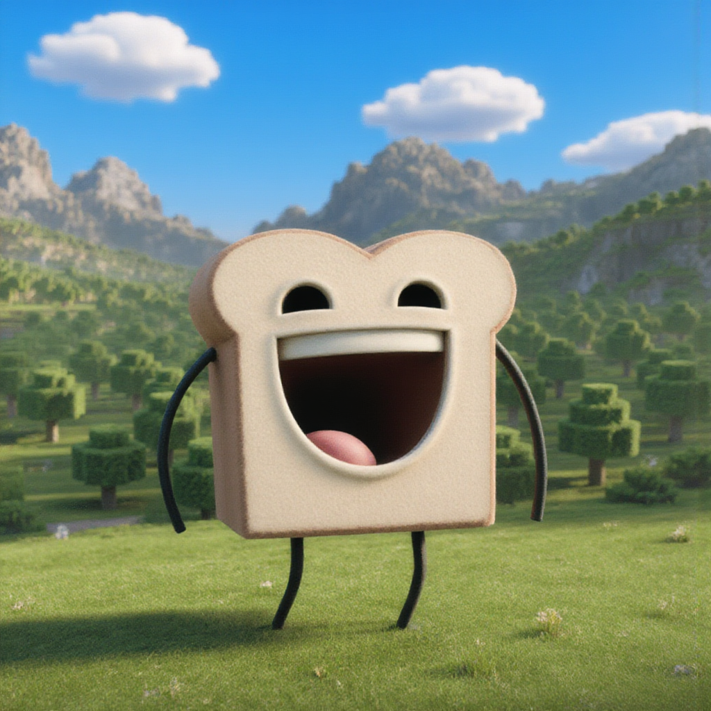 A Minecraft Movie of A cartoon slice of bread with a cheery and a playful expression. It has large, round eyes and a wide, open mouth with a visible tongue. his limbs are depicted in a simplistic manner resulting in him having four lines that appear to be his arms and legs. In the background, there are blocky, pixelated buildings and trees typical of the Minecraft game style. The sky is bright blue with some clouds, and the overall aesthetic is colorful and constructed in a digital, voxel-based art style.