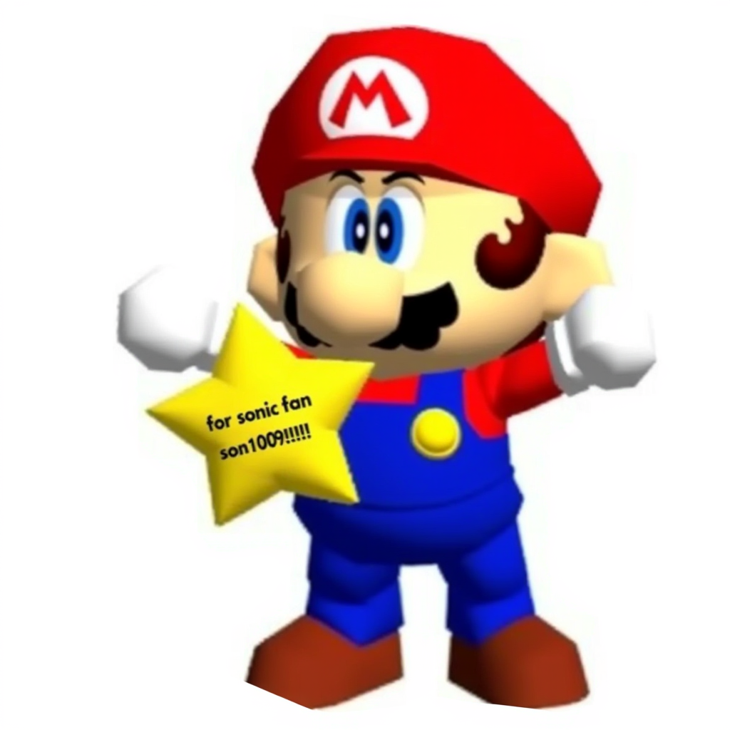 Funny Mario image: A cartoon-style depiction of Mario. He has a large nose, bushy mustache, and is wearing a red cap with the "M" logo, blue overalls, and brown shoes. His expression is serious, and his gloved hands are raised as if ready for action. The background is plain white, emphasizing the character's bold colors. He's holding a yellow star that has text saying: "for sonicfan1009!!!!!"