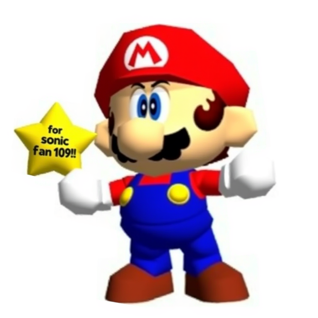 Funny Mario image: A cartoon-style depiction of Mario. He has a large nose, bushy mustache, and is wearing a red cap with the "M" logo, blue overalls, and brown shoes. His expression is serious, and his gloved hands are raised as if ready for action. The background is plain white, emphasizing the character's bold colors. He's holding a yellow star that has text saying: "for sonicfan1009!!!!!"