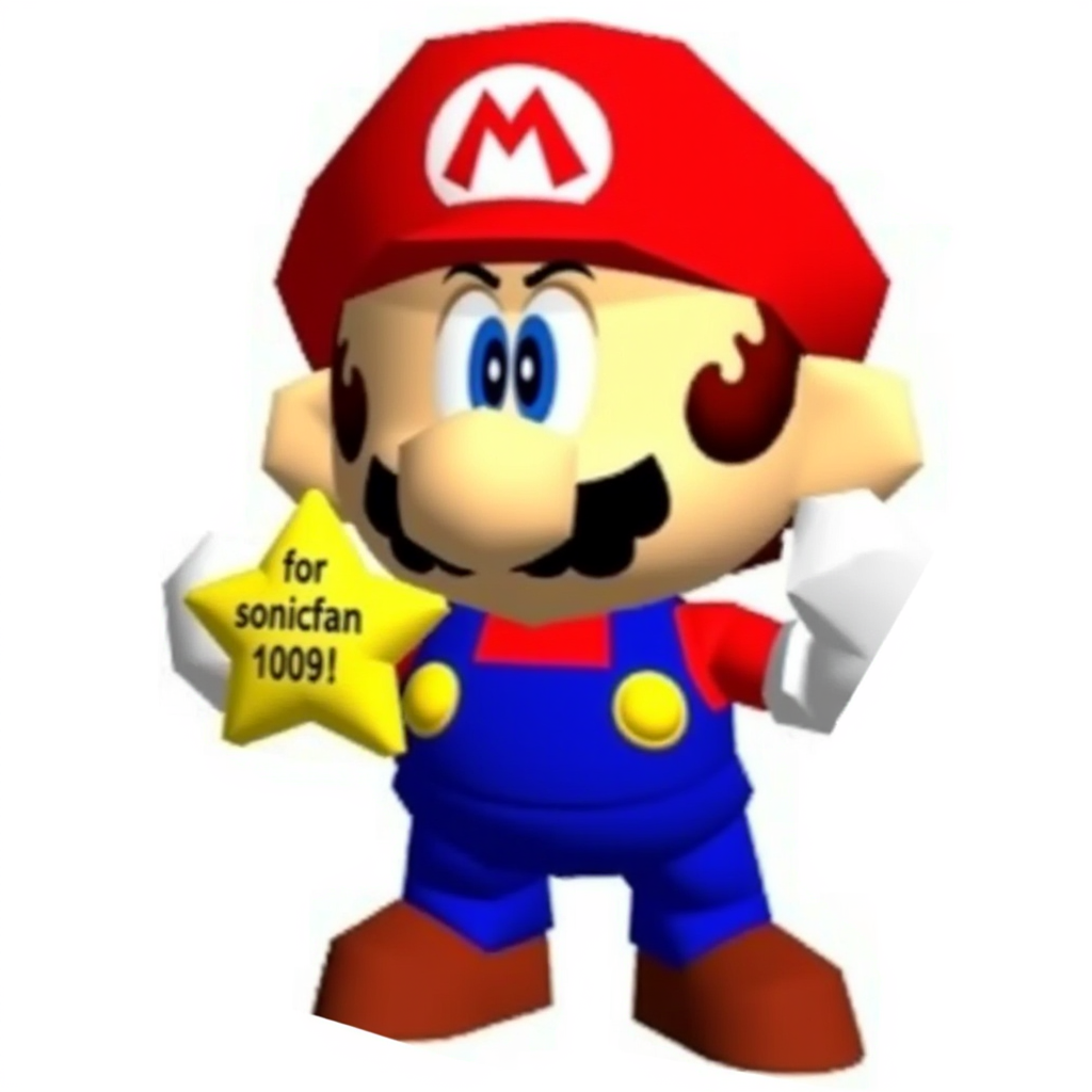 Funny Mario image: A cartoon-style depiction of Mario. He has a large nose, bushy mustache, and is wearing a red cap with the "M" logo, blue overalls, and brown shoes. His expression is serious, and his gloved hands are raised as if ready for action. The background is plain white, emphasizing the character's bold colors. He's holding a yellow star that has text saying: "for sonicfan1009!!!!!"