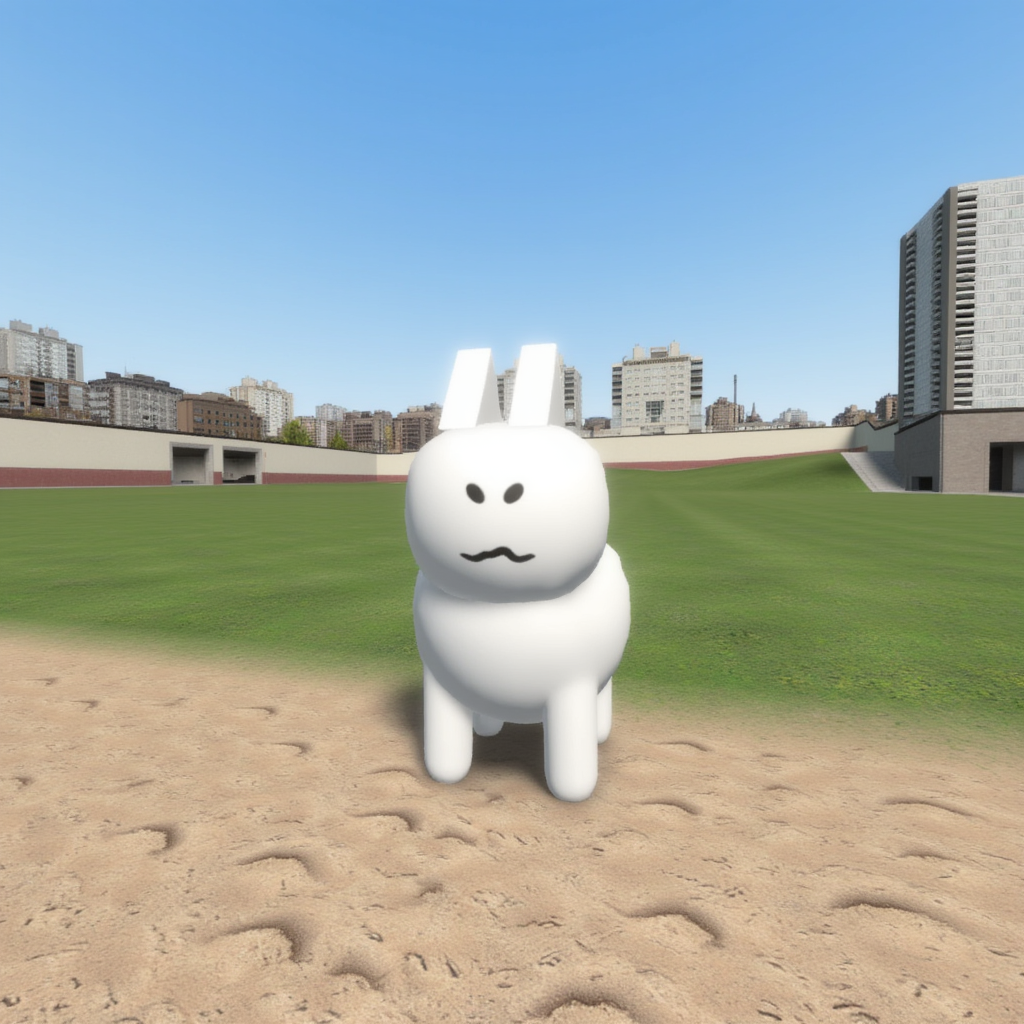 gm_construct, a scene from the video game "Garry's Mod" featuring a virtual urban landscape. The image shows an open area with a mix of grass and sand in the foreground, bordered by modern buildings in the background. The sky is clear and blue, and the environment appears to be part of a digital sandbox setting. Gubby, roblox bunny, white. It features a rounded head and body, and short cylindrical legs, a small tail, and upright rectangular ears. Front view.