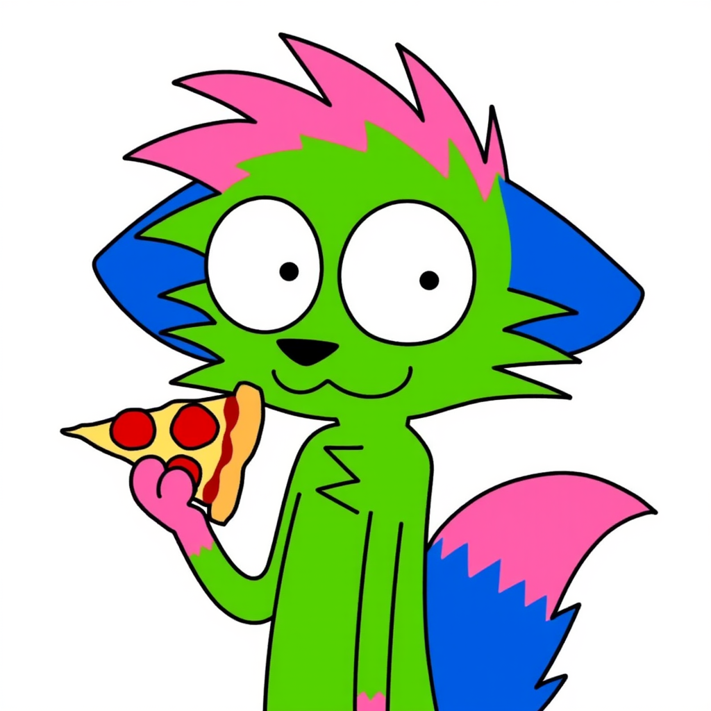 Close up of A cartoon depiction of "Kevin (nyanwolf)", featuring a vibrant anthropomorphic wolf with a green body, pink spiky hair, hands, and the tip of the tail. The middle section of the tail and ears are bold blue. Kevin has wide, expressive white eyes and a small black nose. It's very tall and skinny. It's smiling. Fullbody. It's outlined in black. It's outline is thin. It's arms are long. It's holding a slice of pepperoni pizza. It has 3 fingers.