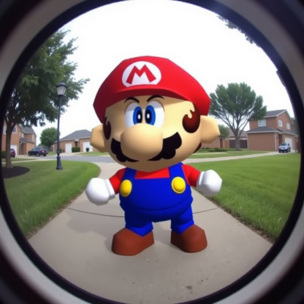 doorbellCam of Funny Mario image: A cartoon-style depiction of Mario. He has a large nose, bushy mustache, and is wearing a red cap with the "M" logo, blue overalls, and brown shoes. His expression is serious, and his gloved hands are raised as if ready for action. The background is a neighborhood. doorbellCam