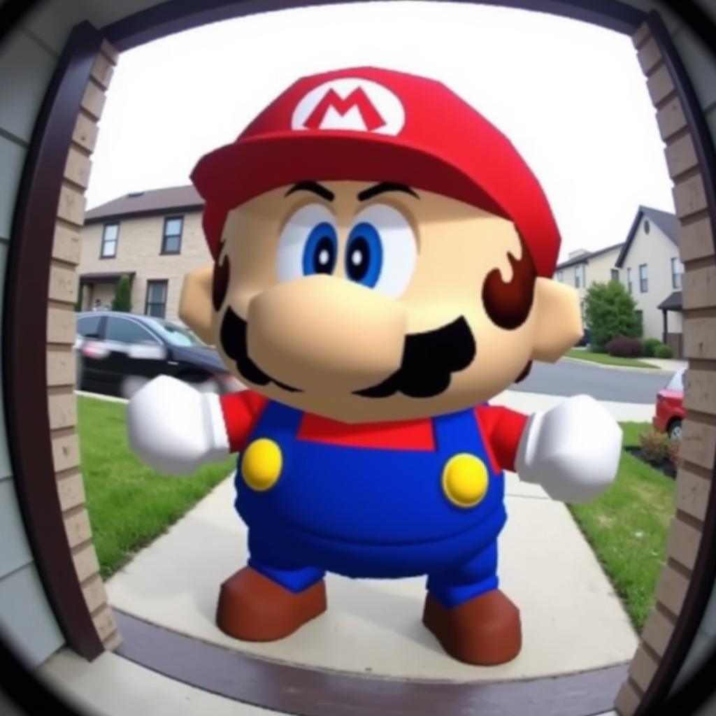 doorbellCam of Funny Mario image: A cartoon-style depiction of Mario. He has a large nose, bushy mustache, and is wearing a red cap with the "M" logo, blue overalls, and brown shoes. His expression is serious, and his gloved hands are raised as if ready for action. The background is a neighborhood. doorbellCam