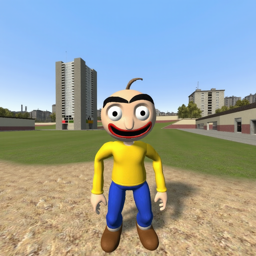 gm_construct, a scene from the video game "Garry's Mod" featuring a virtual urban landscape. The image shows an open area with a mix of grass and sand in the foreground, bordered by modern buildings in the background. The sky is clear and blue, and the environment appears to be part of a digital sandbox setting. "Pee Baldi," a cartoon-styled character with a bald head, exaggerated black eyebrows, and wide eyes. The character has a large red and black smile, wearing a yellow shirt,bold blue pants, and brown shoes. The simplistic art style emphasizes quirky, comical proportions, including small hands and long thin arms, and legs. A single strand of brown hair emerges from the top of the head. He's very tall. Somewhat wide torso. It has black outlines. It has no shading.