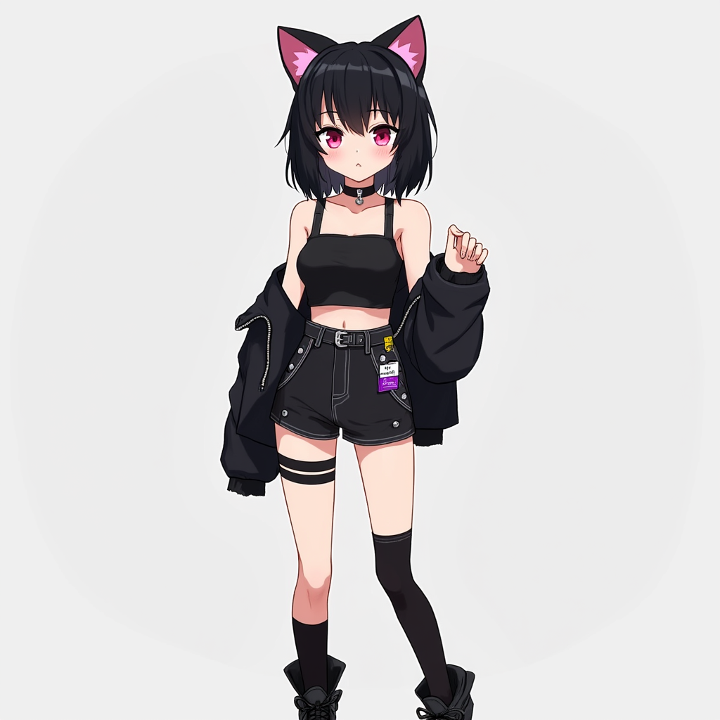 A stylized anime girl with a slender build and fair skin, featuring large, expressive pinkish eyes and straight black hair with short bangs and a medium-length bob. She wears a fashionable black outfit with edgy, modern streetwear influences. Her top is a black cropped (only shows belly button level) tube top paired with high-waisted black shorts that have silver buttons and zipper detailing. Over her top, she wears a loose black jacket with the sleeves rolled up. One leg is adorned with a thigh garter and a full black thigh-high stocking, while the other leg is bare except for a short sock. She wears chunky black platform sneakers. Accessories include a black choker, black wristbands, a belt with a silver loop, and a name tag clipped to her shorts. She has black cat ears with pink interiors on top of her head, adding a cute, neko-themed element to her look.