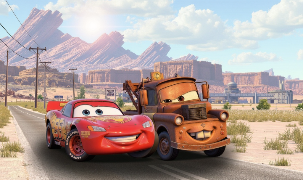A vibrant scene featuring Lightning McQueen, with his shiny red exterior adorned with racing decals and gleaming headlights, next to Tow Mater, the rusty brown tow truck with a crooked smile and mismatched wheels. They are parked on a winding, sunlit country road that cuts through lush green fields dotted with wildflowers, under a brilliant blue sky filled with fluffy white clouds. A warm, cheerful atmosphere radiates from the scene, with golden sunlight casting playful shadows on the pavement. The colors are bright and saturated, enhancing the playful and adventurous mood of the image. The style is cartoonish and vividly stylized, emphasizing the characters' expressive features and the enchanting landscape surrounding them.