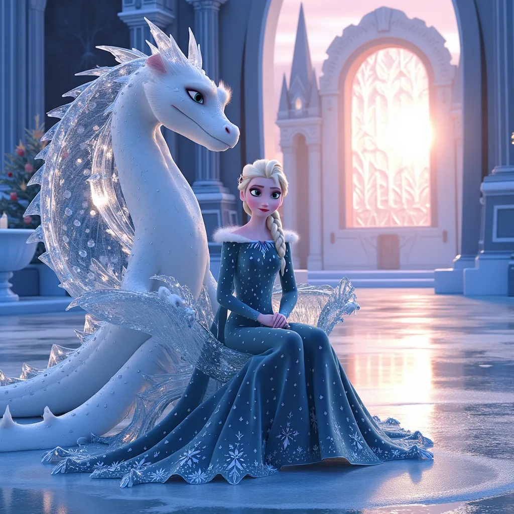 A regal Elsa, with her iconic platinum blonde braid cascading over her shoulder, sits confidently on an ornate throne crafted from shimmering ice, intricately detailed with frost patterns. Beside her, a colossal ice dragon unfurls its majestic wings, scales glistening like crystalline structures under the soft glow of a winter sunset. The scene is set in an expansive ice castle with towering spires and expansive floors glinting in shades of light blue and white, reflecting the grandeur of a frozen kingdom. The atmosphere is enchanting yet powerful, filled with a sense of royal authority and ethereal beauty. The golden hues of the setting sun filter through jagged ice windows, casting a warm glow over the cool tones of the ice, enhancing the magical ambiance. The artistic style is hyper-realistic, emphasizing the intricate details of both Elsa’s gown and the dragon’s icy visage, creating a captivating contrast between the elegance of royalty and the fierce majesty of the dragon.