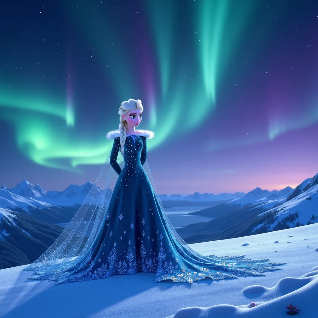 A striking depiction of Elsa, the iconic ice princess, standing gracefully on a snow-covered peak, her long, flowing platinum blonde hair cascading down her back, shimmering with icy blue highlights. She wears an intricately designed, ethereal gown made of iridescent ice crystals, reflecting shades of deep blue and silver. Surrounding her, the breathtaking Northern Lights swirl in vibrant shades of green, purple, and pink across the starry night sky. The atmosphere is thick with a poignant sense of nostalgia, and her expressive eyes, filled with melancholy, gaze longingly at the celestial display above. The scene's enchanting glow casts soft shadows on the frosty landscape, creating a tranquil yet bittersweet ambiance. This artwork embraces a magical realism style, merging fantasy and emotion in an unforgettable visual experience.