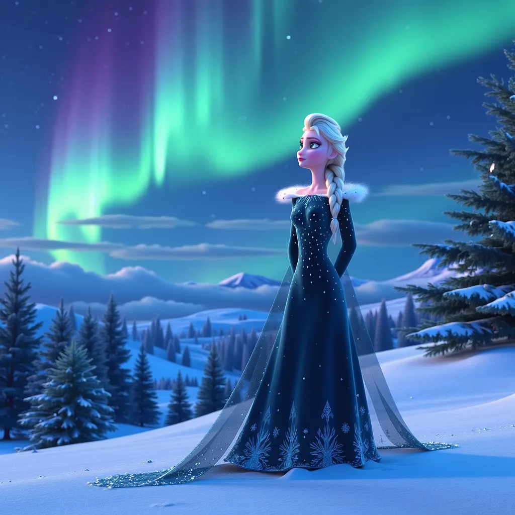 A portrait of Elsa, the iconic ice queen, standing on a snow-covered hill, her long, flowing platinum blonde hair gently tousled by a chilly breeze. Her deep blue gown, adorned with shimmering snowflake patterns, contrasts against the pristine white landscape. In the night sky above, vivid Northern Lights dance in shades of green, purple, and blue, casting an ethereal glow across her delicate features. The atmosphere is one of bittersweet nostalgia, as she gazes up with a melancholic expression, her azure eyes reflecting the colors of the aurora. The surrounding pine trees are dusted with fresh snow, and a blanket of soft, fluffy clouds hints at an impending snowfall. The scene is illuminated by the surreal colors of the aurora borealis, creating a magical yet somber mood, rendered in a hyper-realistic style that captures every intricate detail of the moment.