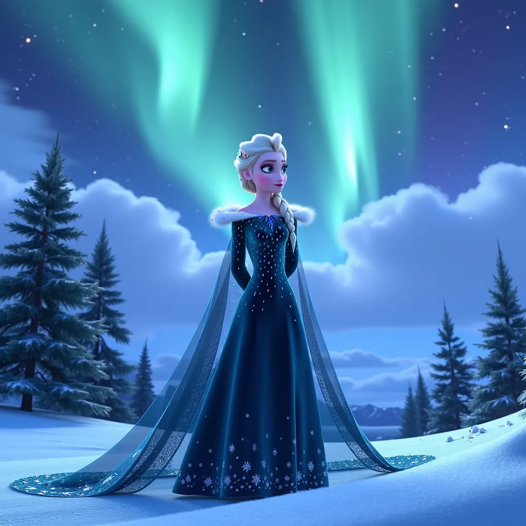 A portrait of Elsa, the iconic ice queen, standing on a snow-covered hill, her long, flowing platinum blonde hair gently tousled by a chilly breeze. Her deep blue gown, adorned with shimmering snowflake patterns, contrasts against the pristine white landscape. In the night sky above, vivid Northern Lights dance in shades of green, purple, and blue, casting an ethereal glow across her delicate features. The atmosphere is one of bittersweet nostalgia, as she gazes up with a melancholic expression, her azure eyes reflecting the colors of the aurora. The surrounding pine trees are dusted with fresh snow, and a blanket of soft, fluffy clouds hints at an impending snowfall. The scene is illuminated by the surreal colors of the aurora borealis, creating a magical yet somber mood, rendered in a hyper-realistic style that captures every intricate detail of the moment.