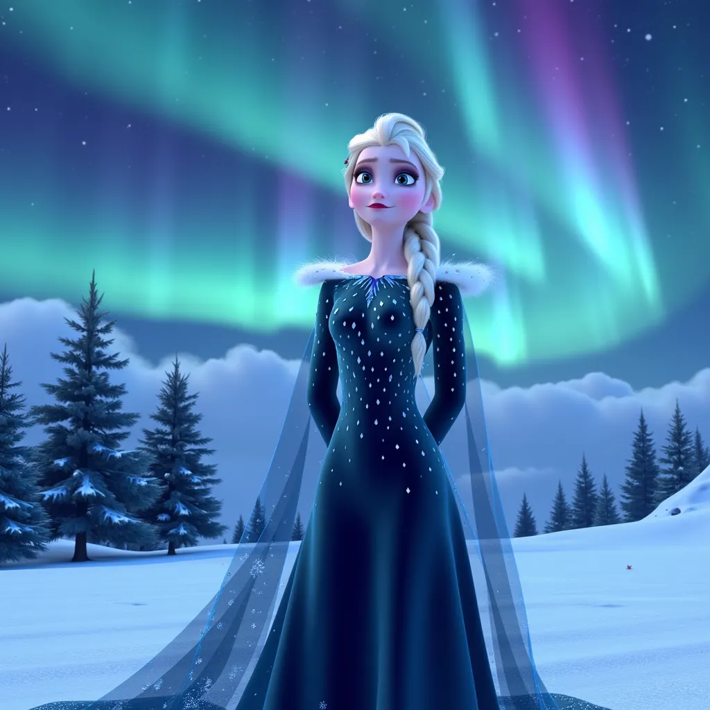 A portrait of Elsa, the iconic ice queen, standing on a snow-covered hill, her long, flowing platinum blonde hair gently tousled by a chilly breeze. Her deep blue gown, adorned with shimmering snowflake patterns, contrasts against the pristine white landscape. In the night sky above, vivid Northern Lights dance in shades of green, purple, and blue, casting an ethereal glow across her delicate features. The atmosphere is one of bittersweet nostalgia, as she gazes up with a melancholic expression, her azure eyes reflecting the colors of the aurora. The surrounding pine trees are dusted with fresh snow, and a blanket of soft, fluffy clouds hints at an impending snowfall. The scene is illuminated by the surreal colors of the aurora borealis, creating a magical yet somber mood, rendered in a hyper-realistic style that captures every intricate detail of the moment.