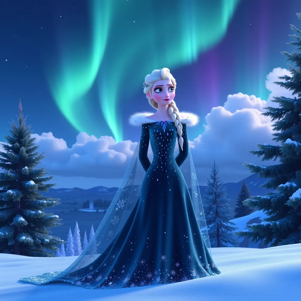 A portrait of Elsa, the iconic ice queen, standing on a snow-covered hill, her long, flowing platinum blonde hair gently tousled by a chilly breeze. Her deep blue gown, adorned with shimmering snowflake patterns, contrasts against the pristine white landscape. In the night sky above, vivid Northern Lights dance in shades of green, purple, and blue, casting an ethereal glow across her delicate features. The atmosphere is one of bittersweet nostalgia, as she gazes up with a melancholic expression, her azure eyes reflecting the colors of the aurora. The surrounding pine trees are dusted with fresh snow, and a blanket of soft, fluffy clouds hints at an impending snowfall. The scene is illuminated by the surreal colors of the aurora borealis, creating a magical yet somber mood, rendered in a hyper-realistic style that captures every intricate detail of the moment.
