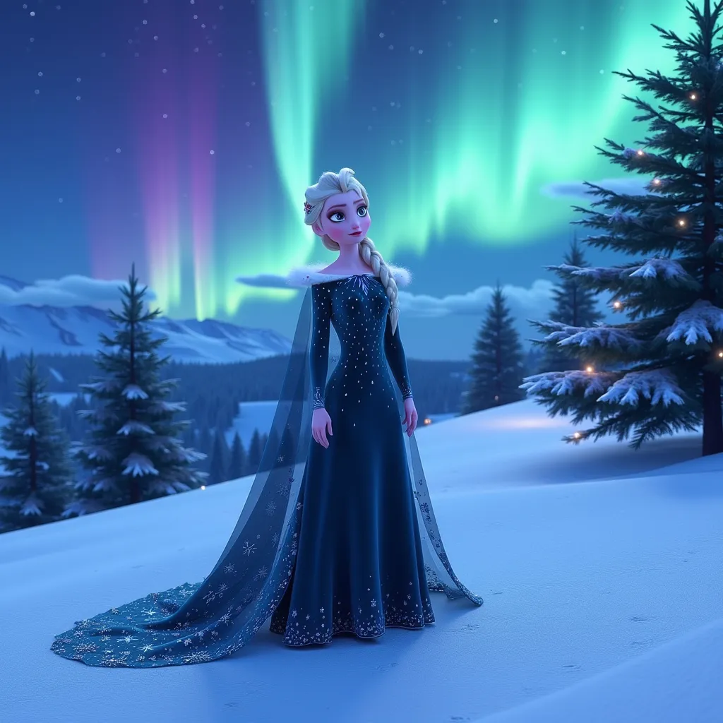 A portrait of Elsa, the iconic ice queen, standing on a snow-covered hill, her long, flowing platinum blonde hair gently tousled by a chilly breeze. Her deep blue gown, adorned with shimmering snowflake patterns, contrasts against the pristine white landscape. In the night sky above, vivid Northern Lights dance in shades of green, purple, and blue, casting an ethereal glow across her delicate features. The atmosphere is one of bittersweet nostalgia, as she gazes up with a melancholic expression, her azure eyes reflecting the colors of the aurora. The surrounding pine trees are dusted with fresh snow, and a blanket of soft, fluffy clouds hints at an impending snowfall. The scene is illuminated by the surreal colors of the aurora borealis, creating a magical yet somber mood, rendered in a hyper-realistic style that captures every intricate detail of the moment.