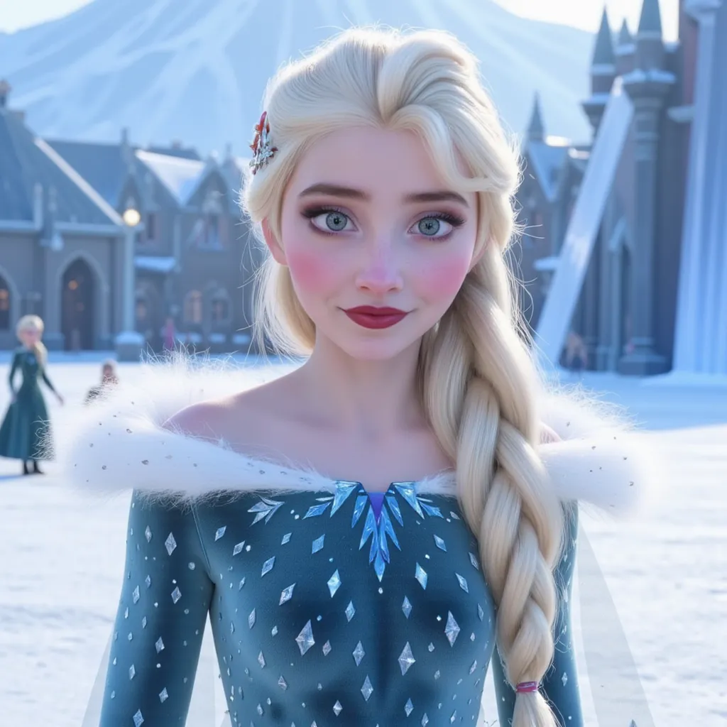 Capture a stunning portrayal of Sabrina Carpenter, styled as Elsa from Frozen, with long, icy blonde hair cascading down her back. She wears a sparkling ice-blue gown adorned with delicate snowflake patterns that shimmer in the light. Set against a breathtaking winter landscape, featuring a majestic ice castle in the background, surrounded by softly falling snowflakes that dance in the crisp air. The mood is enchanting and magical, radiating a sense of wonder and serenity. The scene is illuminated by soft, ethereal light that creates a dreamlike ambiance, with hues of icy blue and white dominating the color palette. The artistic style should be hyper-realistic, emphasizing the facial features and intricate details of the costume while capturing the enchanting essence of the character.