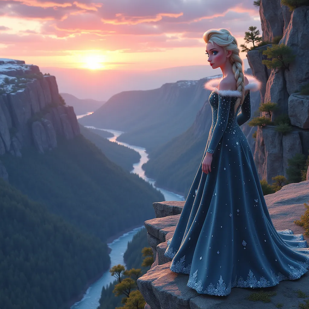 A young woman with platinum blonde hair, styled in a loose braid, stands on a jagged cliff edge overlooking a breathtaking valley. She wears a shimmering ice-blue gown that flutters in the wind, and her icy blue eyes are wide with a combination of awe and dizzying fear. The setting is a dramatic landscape at sunset, with the sky painted in vibrant hues of orange, pink, and purple, contrasting against the rugged gray cliffs and lush green trees below. The atmosphere is thick with tension, creating a sense of vertigo as she sways slightly, the ground far beneath her. Soft, golden light casts long shadows, illuminating her pale skin and the icy accents of her outfit. The artwork style is hyper-realistic, capturing every detail of the scene, evoking a strong emotional response to the dizzying heights she faces.