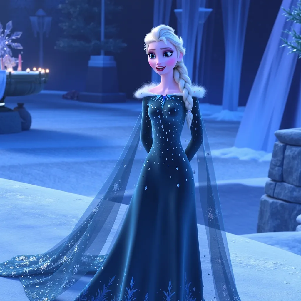 A stunning Elsa from Disney’s Frozen, with cascading platinum blonde hair, dressed in her signature ice-blue gown adorned with shimmering snowflake patterns. She stands on a cliff edge overlooking a vast, frozen landscape dotted with sparkling icicles and a starry night sky. The atmosphere is charged with emotion, her face illuminated by a soft glow, capturing a moment of vulnerability and strength as she passionately sings "In The End." The air is filled with a palpable sense of longing, accentuated by swirling snowflakes that dance around her. The lighting bathes the scene in cool blues and whites, with hints of violet and silver reflecting off the ice. The artistic style is hyper-realistic, emphasizing intricate details of her facial expressions and the breathtaking icy environment around her.
