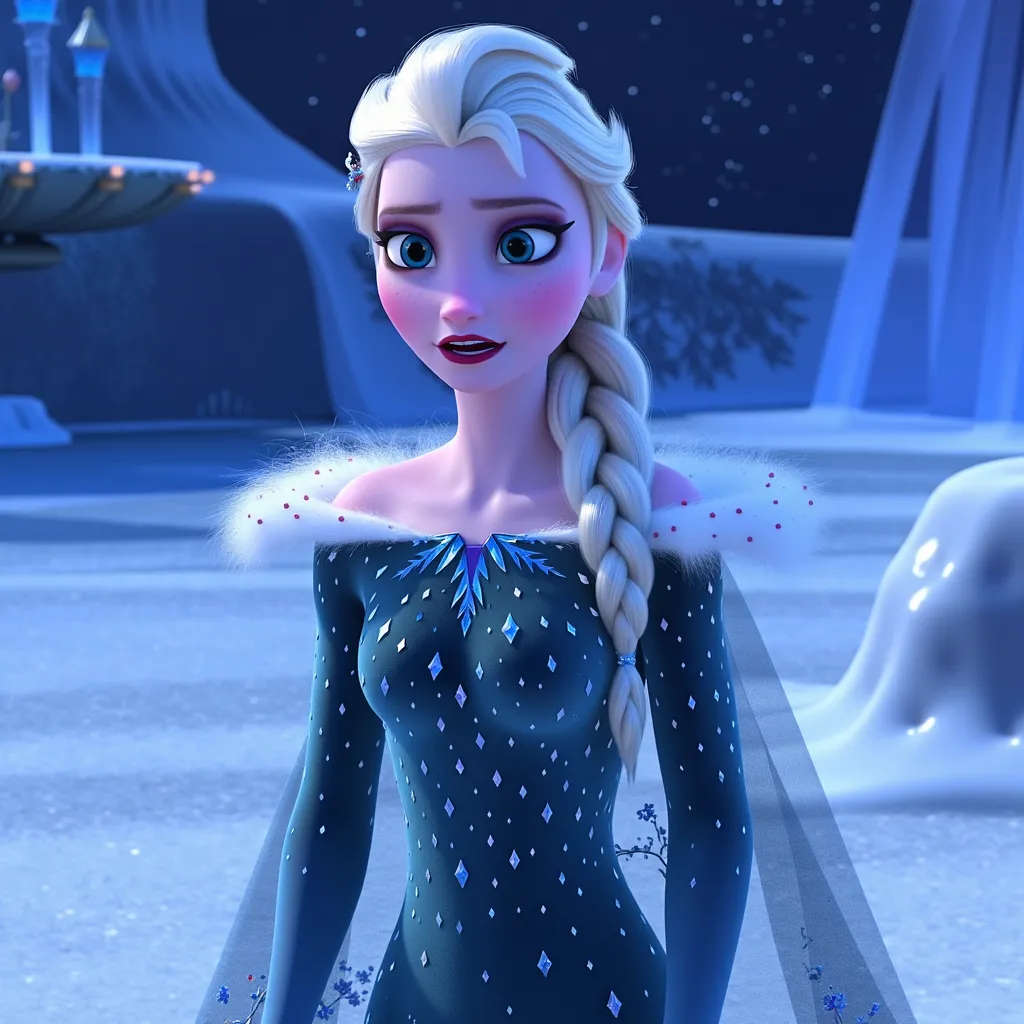 A stunning Elsa from Disney’s Frozen, with cascading platinum blonde hair, dressed in her signature ice-blue gown adorned with shimmering snowflake patterns. She stands on a cliff edge overlooking a vast, frozen landscape dotted with sparkling icicles and a starry night sky. The atmosphere is charged with emotion, her face illuminated by a soft glow, capturing a moment of vulnerability and strength as she passionately sings "In The End." The air is filled with a palpable sense of longing, accentuated by swirling snowflakes that dance around her. The lighting bathes the scene in cool blues and whites, with hints of violet and silver reflecting off the ice. The artistic style is hyper-realistic, emphasizing intricate details of her facial expressions and the breathtaking icy environment around her.