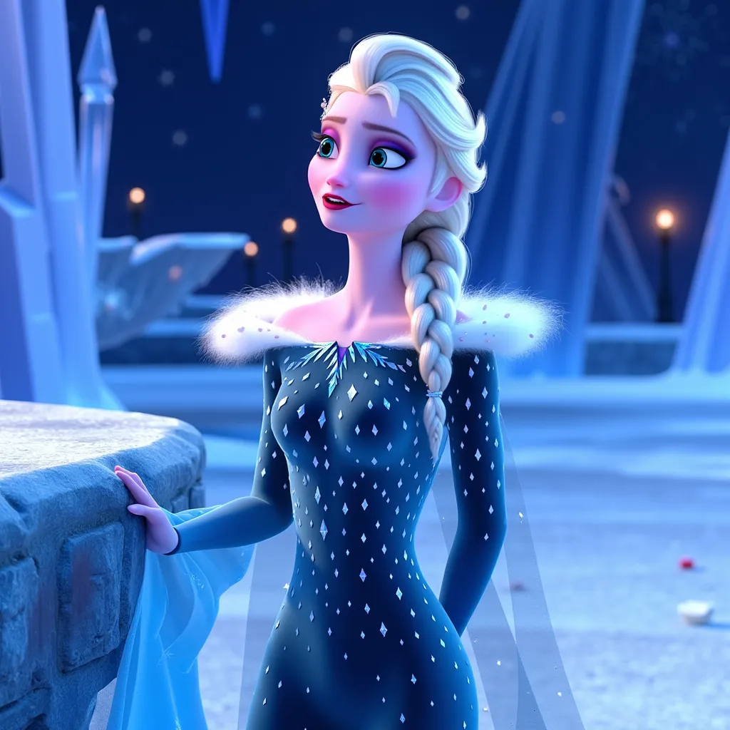 A stunning Elsa from Disney’s Frozen, with cascading platinum blonde hair, dressed in her signature ice-blue gown adorned with shimmering snowflake patterns. She stands on a cliff edge overlooking a vast, frozen landscape dotted with sparkling icicles and a starry night sky. The atmosphere is charged with emotion, her face illuminated by a soft glow, capturing a moment of vulnerability and strength as she passionately sings "In The End." The air is filled with a palpable sense of longing, accentuated by swirling snowflakes that dance around her. The lighting bathes the scene in cool blues and whites, with hints of violet and silver reflecting off the ice. The artistic style is hyper-realistic, emphasizing intricate details of her facial expressions and the breathtaking icy environment around her.