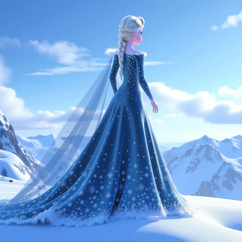 A stunningly beautiful ice queen, Elsa, stands atop a snow-covered mountain peak. Her long, platinum blonde hair cascades elegantly down her back, frosted with glimmering ice crystals. She wears an intricate, shimmering gown made of sparkling blue and silver fabric that flows like water and mimics the patterns of icicles. Surrounding her are swirling snowflakes and a backdrop of a dazzling azure sky contrasted with wisps of white clouds. The atmosphere is both magical and serene, evoking feelings of empowerment and tranquility. Soft, ethereal light bathes the scene in a dreamlike glow, highlighting the iridescent colors of her gown. This image is rendered in a hyper-realistic style, capturing every detail of her regal presence and the breathtaking winter landscape.