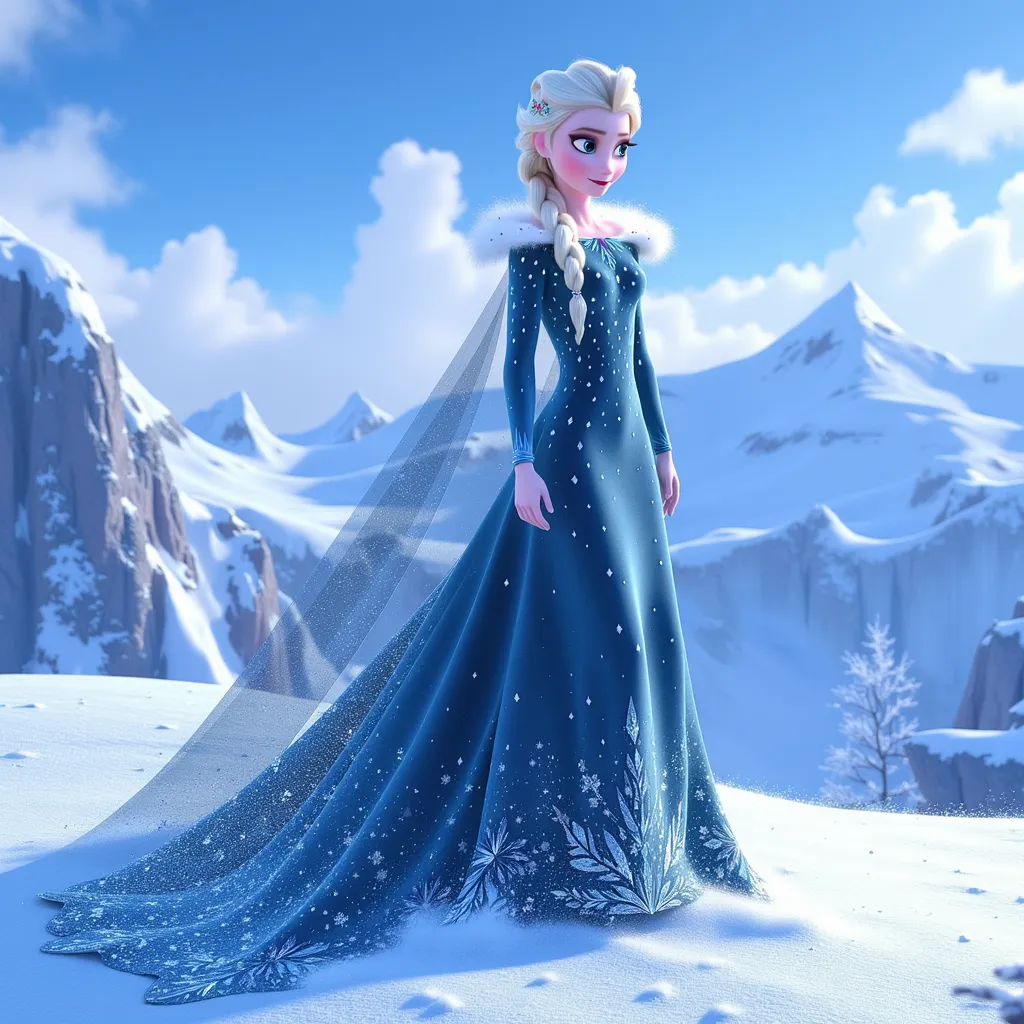 A stunningly beautiful ice queen, Elsa, stands atop a snow-covered mountain peak. Her long, platinum blonde hair cascades elegantly down her back, frosted with glimmering ice crystals. She wears an intricate, shimmering gown made of sparkling blue and silver fabric that flows like water and mimics the patterns of icicles. Surrounding her are swirling snowflakes and a backdrop of a dazzling azure sky contrasted with wisps of white clouds. The atmosphere is both magical and serene, evoking feelings of empowerment and tranquility. Soft, ethereal light bathes the scene in a dreamlike glow, highlighting the iridescent colors of her gown. This image is rendered in a hyper-realistic style, capturing every detail of her regal presence and the breathtaking winter landscape.