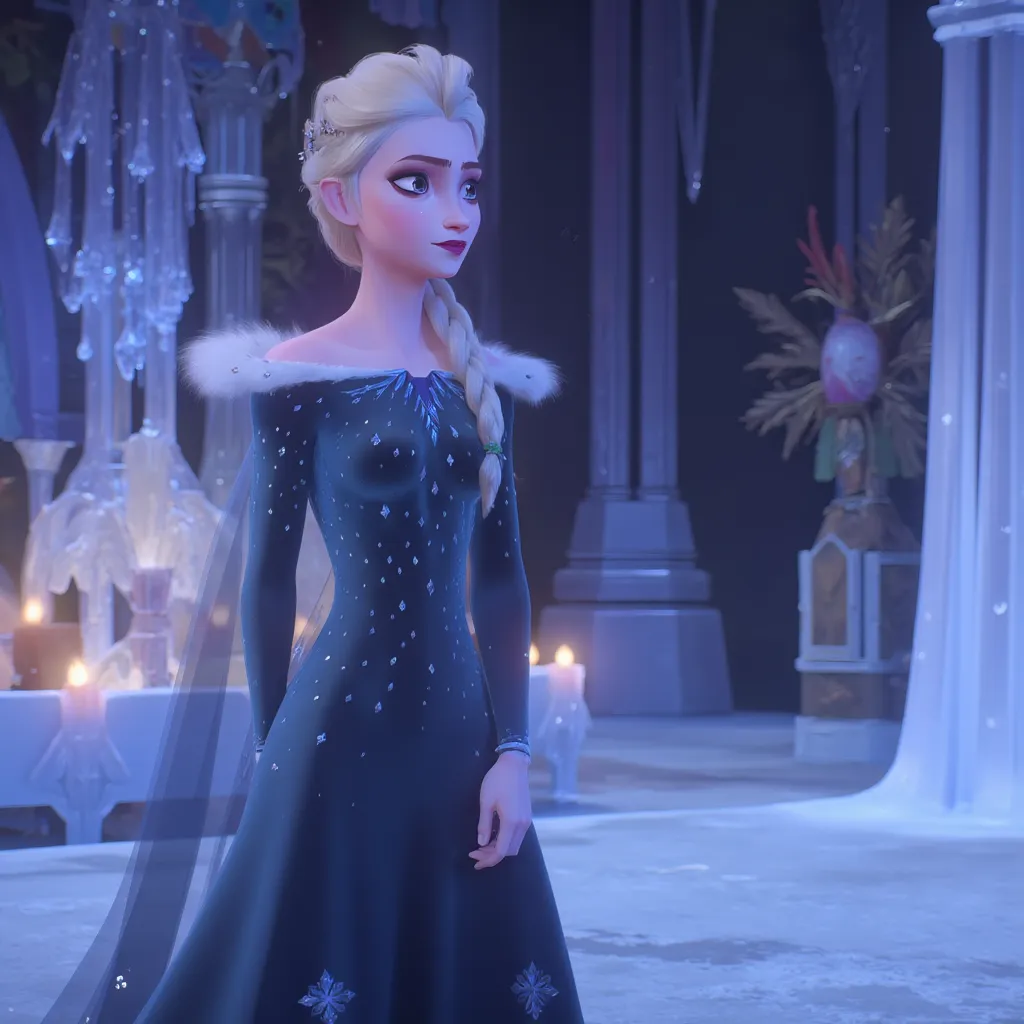 A mesmerizing depiction of a regal queen inspired by Elsa from Frozen, featuring her with long, platinum-blonde hair elegantly braided with crystalline snowflakes adorning it. She wears a shimmering ice-blue gown that flows like water, accentuated with delicate, silver embroidery resembling frost patterns. The setting is an enchanted winter palace, with towering ice structures and ethereal, glowing chandeliers made of icicles. The atmosphere is magical and serene, with a soft snowfall that creates a sense of wonder. The lighting is a gentle twilight glow, casting shades of deep blue and soft lavender, highlighting the delicate beauty of the scene. The artistic style is richly detailed and stylized, reminiscent of a cinematic animation that captures the enchantment of fantasy storytelling.