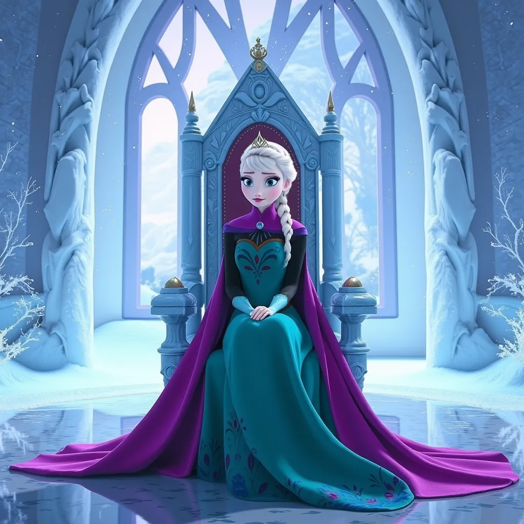 A regal Elsa, with long, platinum blonde hair styled in a sleek braid, sits gracefully on an ornate ice throne adorned with intricate frost patterns. She is wearing a flowing green dress that shimmers softly with emerald hues, complemented by a luxurious purple cape that drapes elegantly over her shoulders, catching the cool light. The throne is set in an expansive, frost-covered castle chamber, with large arched windows revealing a breathtaking winter landscape glistening in snow. The atmosphere is both majestic and serene, filled with an air of quiet power. Soft, ethereal light cascades through the icy structures, creating a magical play of blues and whites that enhances her ethereal beauty. The artistic style is a blend of hyper-realistic and whimsical, capturing the fairy-tale essence of her character in a vibrant and enchanting scene.