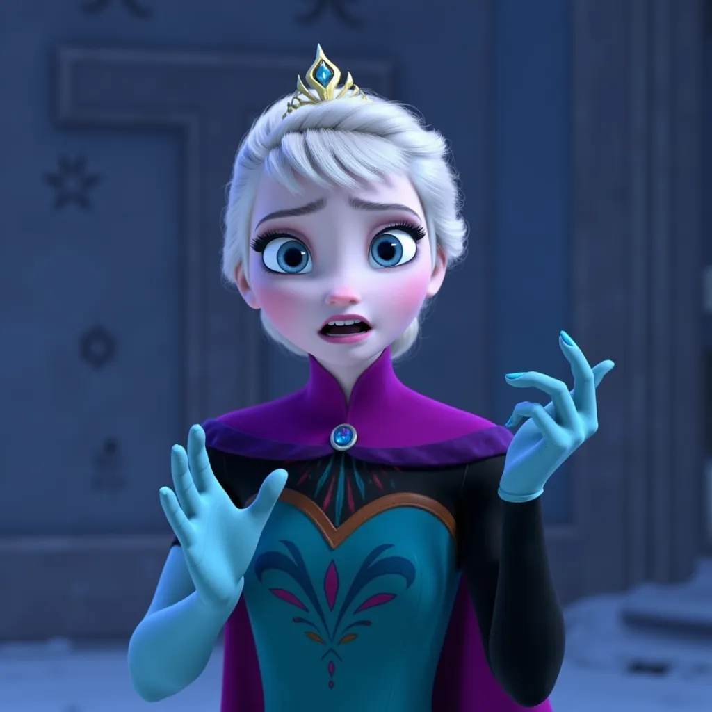 Elsa with her tiara on her head and her long gloves on her hands scared of people thinking she is the monster her parents made.