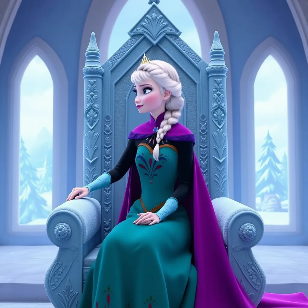A regal Elsa, with long, platinum blonde hair styled in a sleek braid, sits gracefully on an ornate ice throne adorned with intricate frost patterns. She is wearing a flowing green dress that shimmers softly with emerald hues, complemented by a luxurious purple cape that drapes elegantly over her shoulders, catching the cool light. The throne is set in an expansive, frost-covered castle chamber, with large arched windows revealing a breathtaking winter landscape glistening in snow. The atmosphere is both majestic and serene, filled with an air of quiet power. Soft, ethereal light cascades through the icy structures, creating a magical play of blues and whites that enhances her ethereal beauty. The artistic style is a blend of hyper-realistic and whimsical, capturing the fairy-tale essence of her character in a vibrant and enchanting scene.