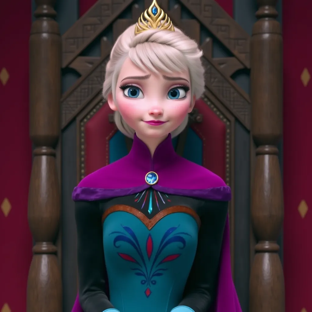 Elsa sitting on a throne with a expression of power on her face as wellas for care.