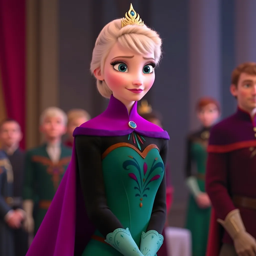 Elsa wearing her green dress with her purple cape in a coronation really grateful by the guests for being at her coronation, the facial expression at her is for gratefulness and love.