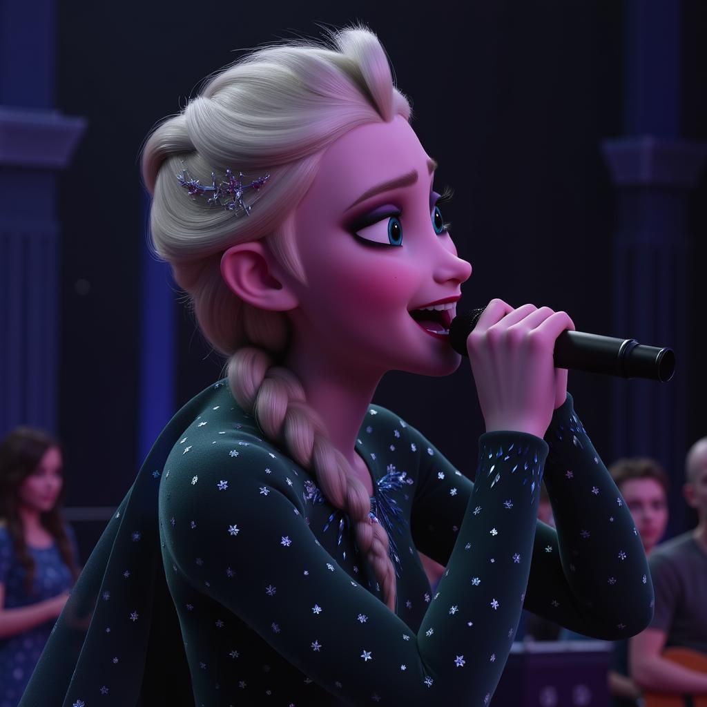 elsa with a microphone singing, In The End, Linkin Park, honouring Chester Bennington