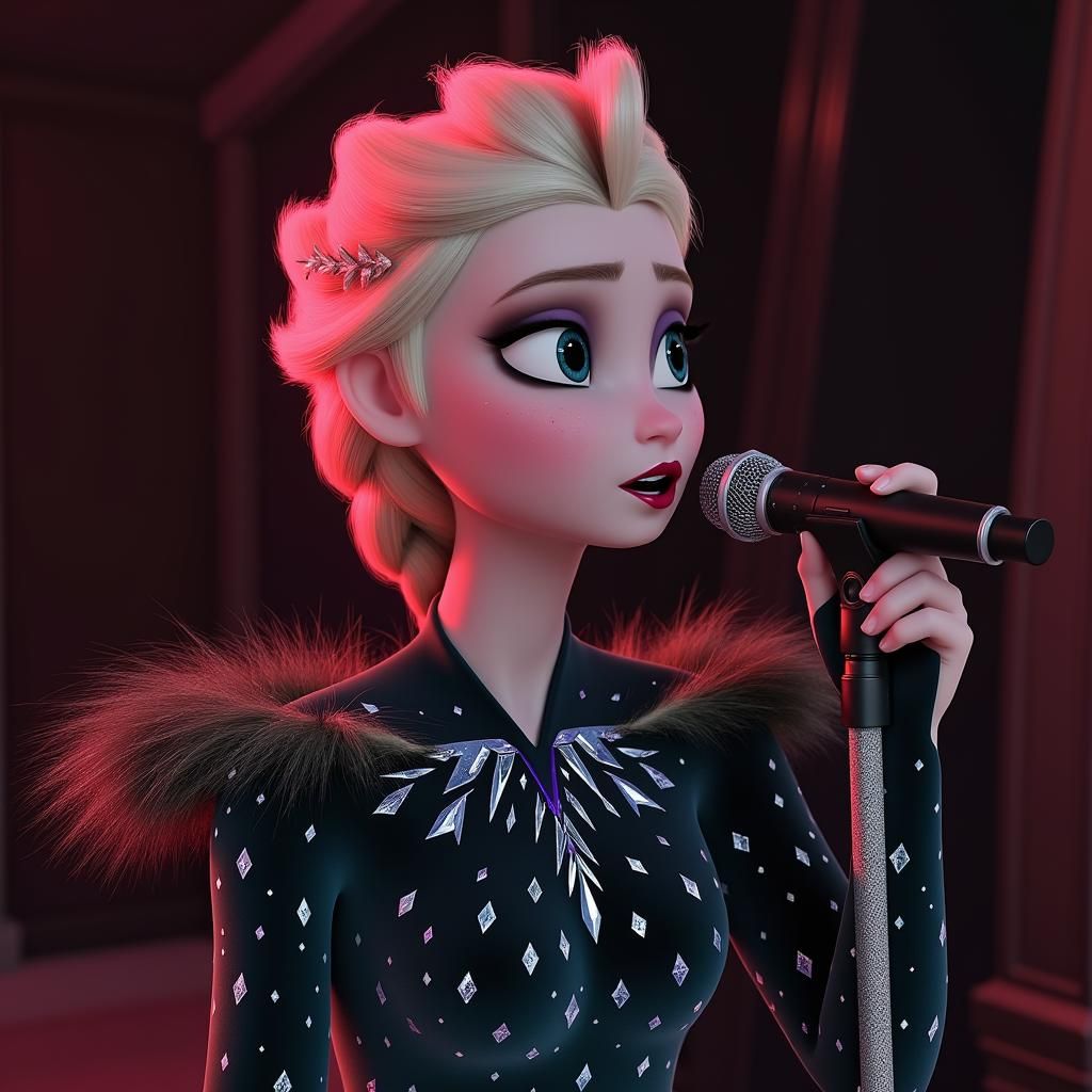 elsa with a microphone singing, In The End, Linkin Park, honouring Chester Bennington