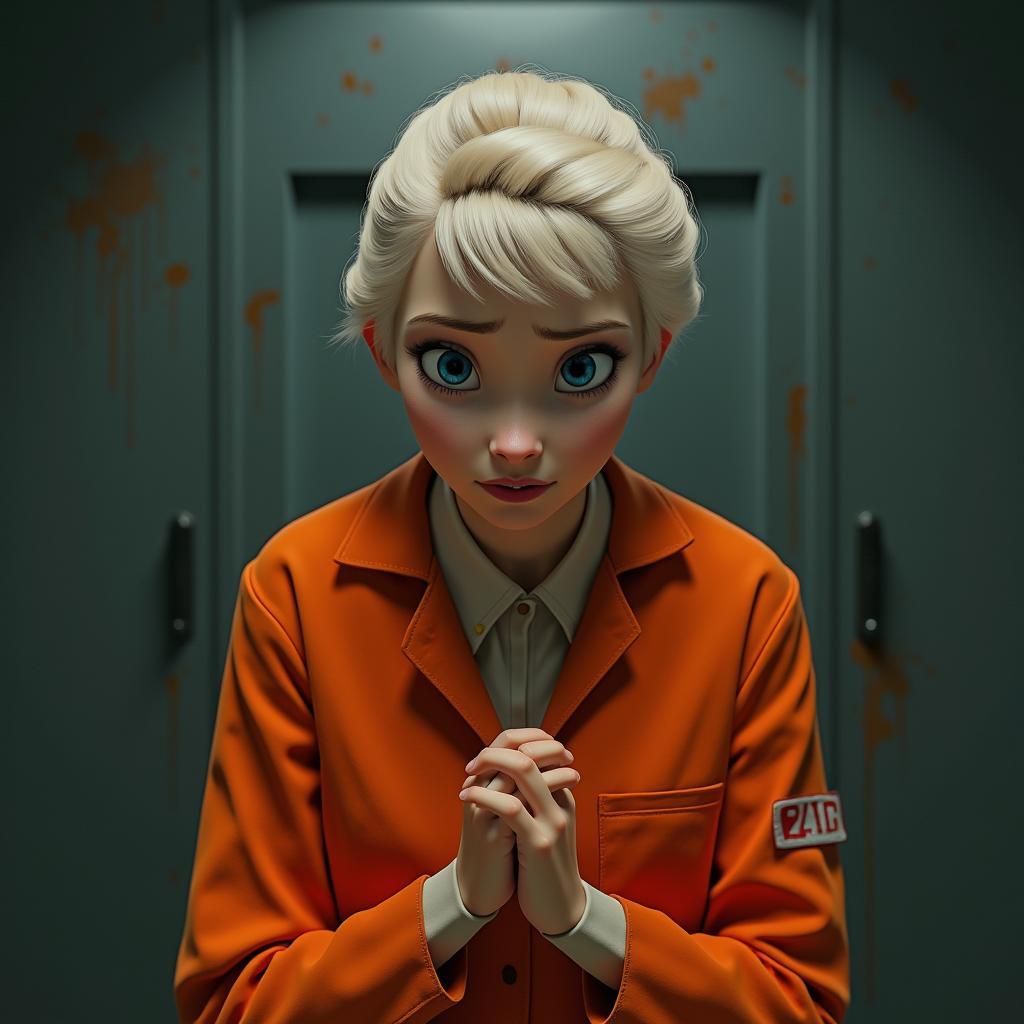 elsa, prisioner, orange suit, felling sad, looking to her hands, guilty.