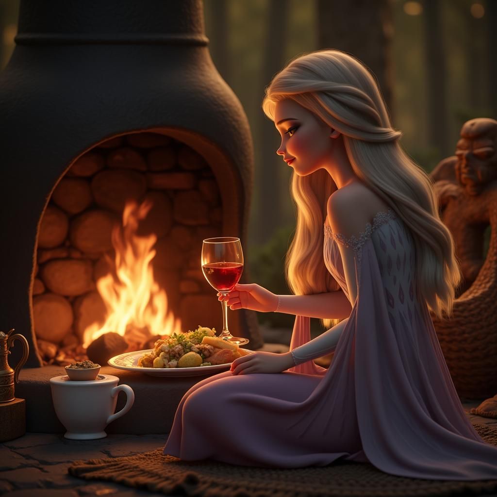elsa, having dinner, near a chimenea, full body, angelical atmosphere.
