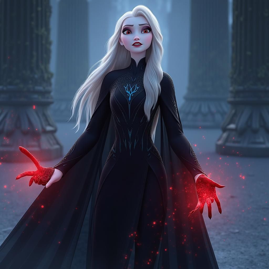 elsa, full body, obsidian, queen of the undead, evil version, red eyes, blood powers.