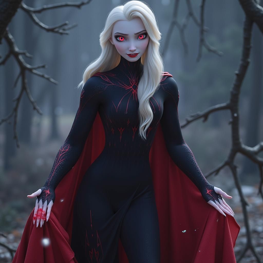 elsa, full body, obsidian, queen of the undead, evil version, red eyes, blood powers.