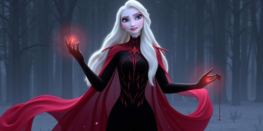 elsa, full body, obsidian, queen of the undead, evil version, red eyes, blood powers.