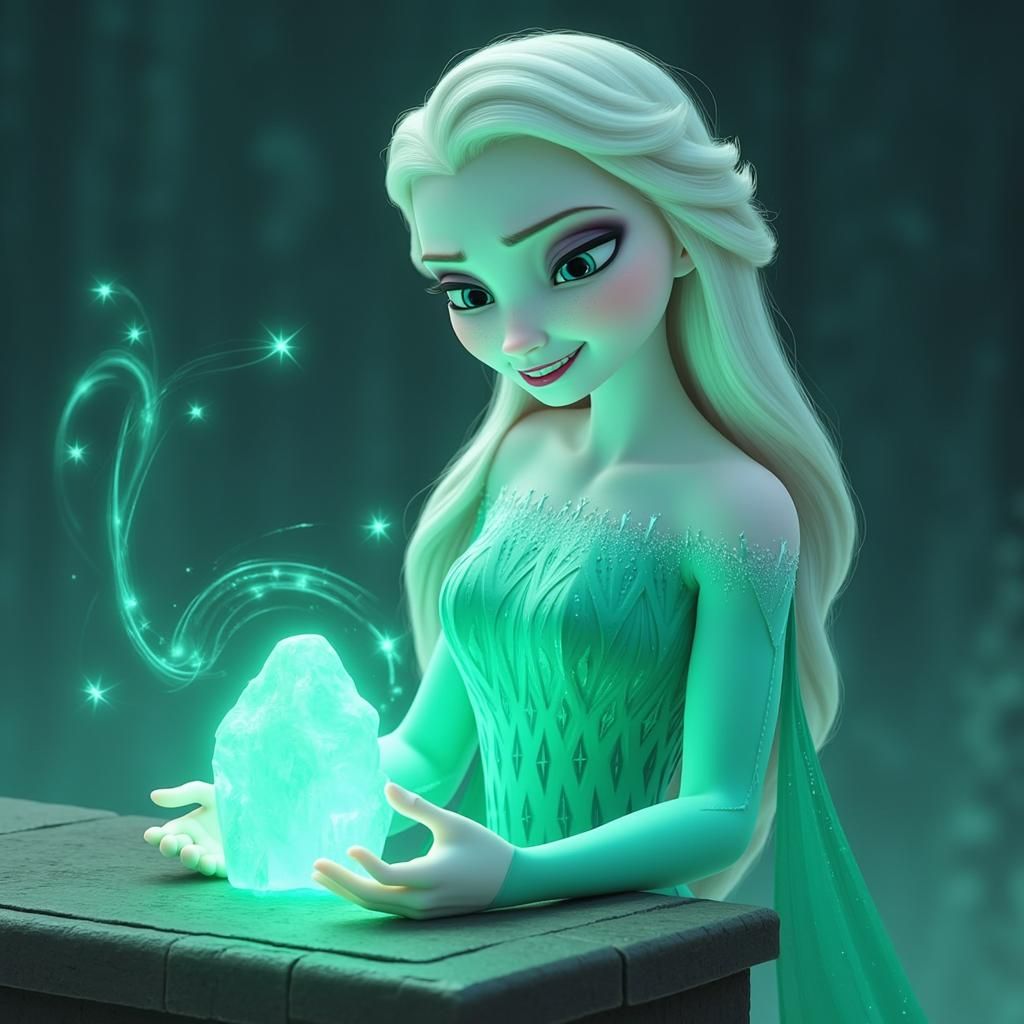 elsa, full body, emerald swirling around, ice stone magical holding in a altar in front elsa, amused, eyes open in admire.