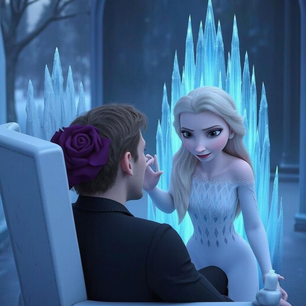 elsa meeting chester in her ice throne with surprise on her face, full body