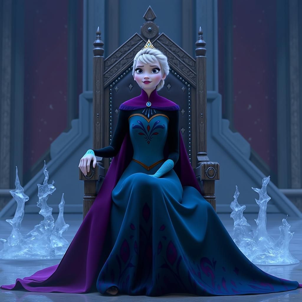 elsa, dark side, evil, sitting on her throne, full body, ice powers going everywhere, judging