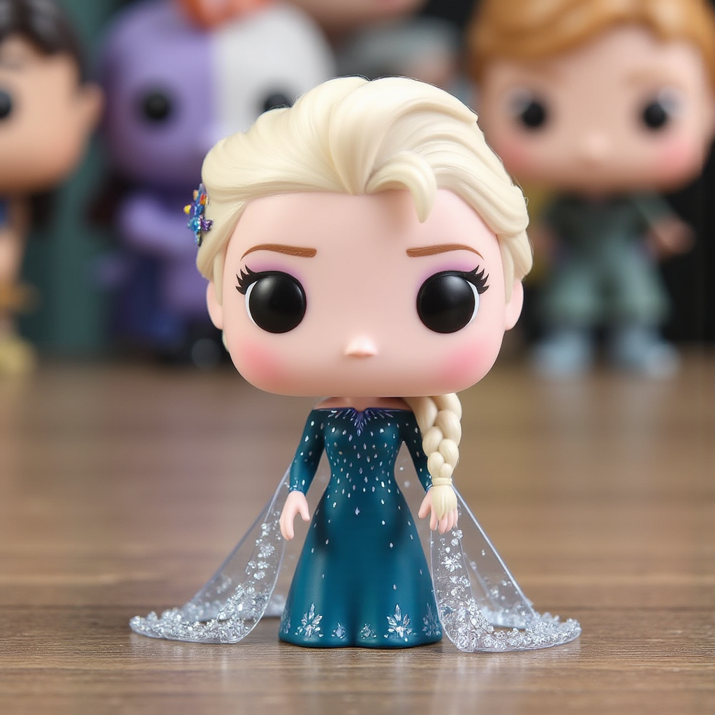 funko pop, stylized vinyl figure, collectible toy, toy photography, big head small body figure, pop culture collectible, cartoonish toy design, vinyl collectible photography, elsa