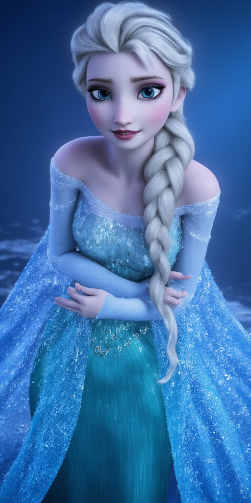 A photorealistic elsa in the rain with her ice powers