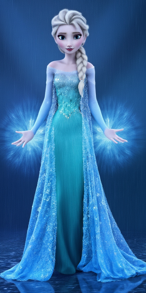 A photorealistic elsa in the rain with her ice powers