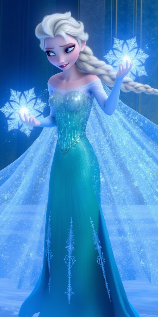 A Cyberpunk Elsa from Frozen, her ice powers spiraling out in fractal patterns that seem to freeze the space around her, capturing her control over winter.