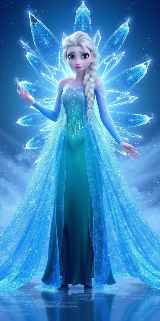 A cyberpunk styled elsa, her ice powers spiraling out in fractal patterns that seem to freeze the space around her, capturing her control over winter.
