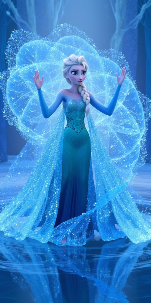A cyberpunk styled elsa, her ice powers spiraling out in fractal patterns that seem to freeze the space around her, capturing her control over winter.