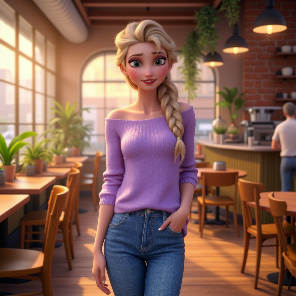 A young woman in her mid-twenties as Elsa, dressed in a stylish, modern outfit which consists of a soft, fitted lavender sweater and tailored denim jeans. She stands confidently in a bustling urban café, surrounded by wooden tables and potted plants, with sunlight streaming through large windows illuminating the scene. The atmosphere is vibrant and lively, filled with the sounds of soft chatter and coffee machines. The warm golden hues of the sunlight create a cozy ambiance, contrasting with the cool colors of the café decor. The scene captures a hyper-realistic style, highlighting intricate details in her expression and clothing textures.